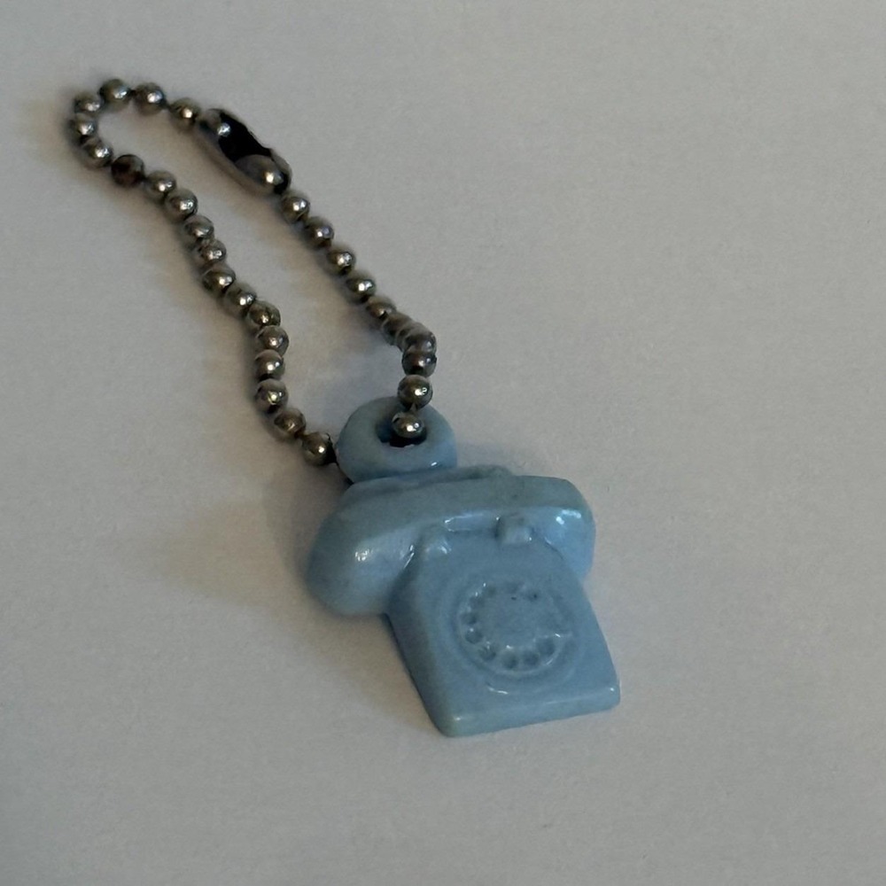 Rare Vintage 1" Sky Blue Telephone Keychain Charm Rotary Phone Plastic EUC